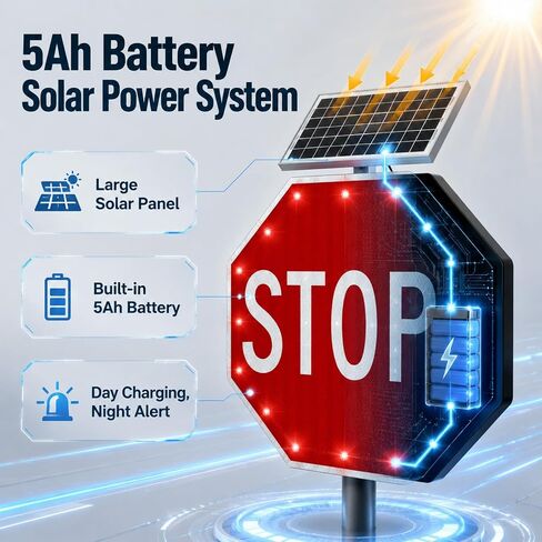 30 inch Solar Powered LED Stop Sign Traffic Control, Blinking Flashing LED Warning Sign, 5000mAh Rechargeable Stop Signs with Engineering Reflective Film & Galvanized Steel Plate, Easy Mounting for Outdoor Road Safety Control in Kuwait