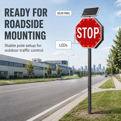 30 inch Solar Powered LED Stop Sign Traffic Control, Blinking Flashing LED Warning Sign, 5000mAh Rechargeable Stop Signs with Engineering Reflective Film & Galvanized Steel Plate, Easy Mounting for Outdoor Road Safety Control in Kuwait