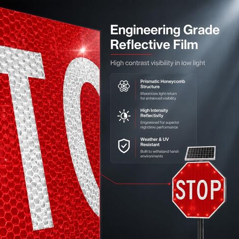 30 inch Solar Powered LED Stop Sign Traffic Control, Blinking Flashing LED Warning Sign, 5000mAh Rechargeable Stop Signs with Engineering Reflective Film & Galvanized Steel Plate, Easy Mounting for Outdoor Road Safety Control in Kuwait