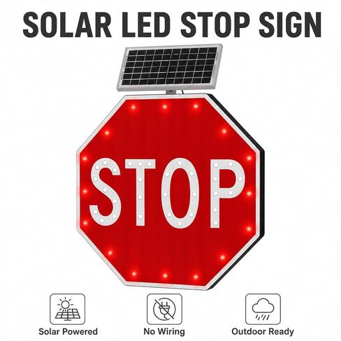 30 inch Solar Powered LED Stop Sign Traffic Control, Blinking Flashing LED Warning Sign, 5000mAh Rechargeable Stop Signs with Engineering Reflective Film & Galvanized Steel Plate, Easy Mounting for Outdoor Road Safety Control in Kuwait