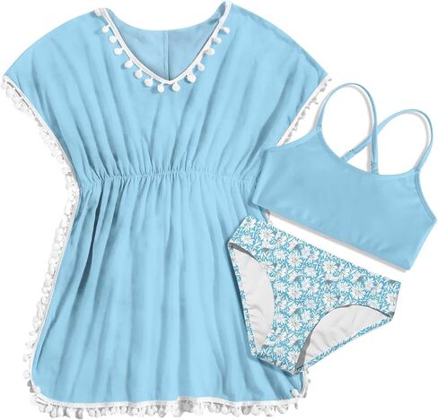 Girls Swimsuits Floral Bikini Kids Bathing Suits Sets 3 Piece Blue Daisy Tankini Outfits Swim Cover UP with Pom Pom Trim Size 8 in Kuwait