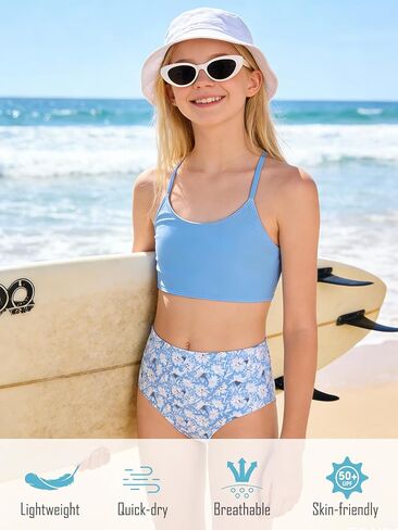 Girls Swimsuits Floral Bikini Kids Bathing Suits Sets 3 Piece Blue Daisy Tankini Outfits Swim Cover UP with Pom Pom Trim Size 8 in Kuwait