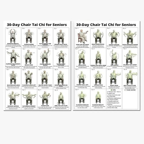 Tai Chi Chair Workout Chart Poster, 2PCS Chair Tai Chi for Seniors and Beginners, 30-Day Challenge Guide for Home, Office, Therapy & Weight Loss (10x8 Inch) in Kuwait