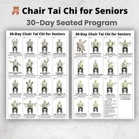 Tai Chi Chair Workout Chart Poster, 2PCS Chair Tai Chi for Seniors and Beginners, 30-Day Challenge Guide for Home, Office, Therapy & Weight Loss (10x8 Inch) in Kuwait
