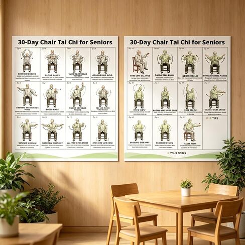 Tai Chi Chair Workout Chart Poster, 2PCS Chair Tai Chi for Seniors and Beginners, 30-Day Challenge Guide for Home, Office, Therapy & Weight Loss (10x8 Inch) in Kuwait