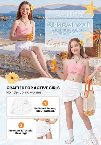 Zando Girls 2 Piece Swimsuit with Skirt, Bathing Suit for Tweens Ages 8-15, Ruffle Bikini Set, Adjustable Straps & Pads in Kuwait
