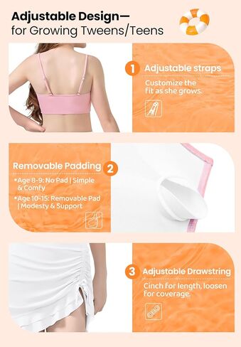 Zando Girls 2 Piece Swimsuit with Skirt, Bathing Suit for Tweens Ages 8-15, Ruffle Bikini Set, Adjustable Straps & Pads in Kuwait