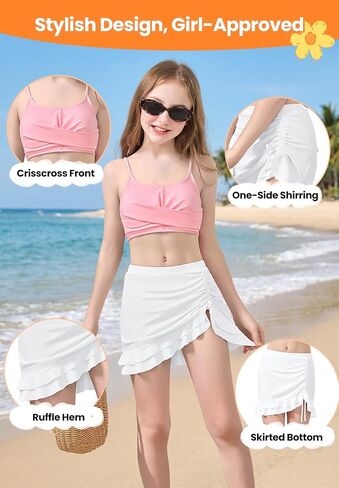 Zando Girls 2 Piece Swimsuit with Skirt, Bathing Suit for Tweens Ages 8-15, Ruffle Bikini Set, Adjustable Straps & Pads in Kuwait