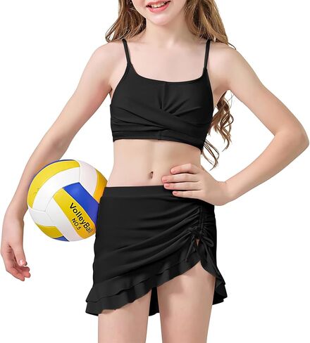 Zando Girls 2 Piece Swimsuit with Skirt, Bathing Suit for Tweens Ages 8-15, Ruffle Bikini Set, Adjustable Straps & Pads in Kuwait