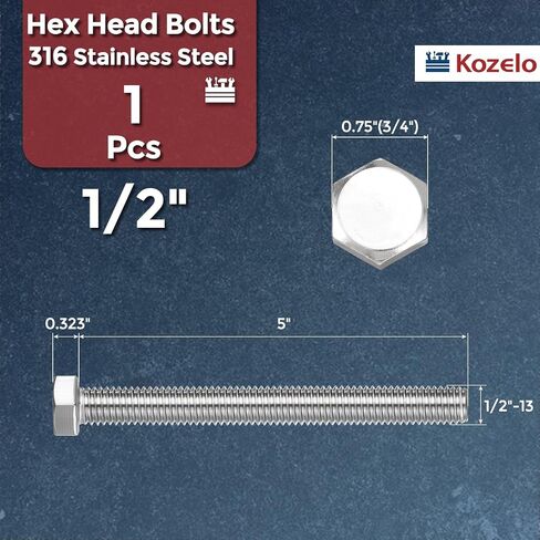 1 Pcs Hex Head Screws Bolts - [1/2"-13x5] 316 Stainless Steel Grade A4-70 Fully Threaded Hex Tap Hexagon Head Machine Bolts Right Hand External Hex Drive, Silver Tone in Kuwait