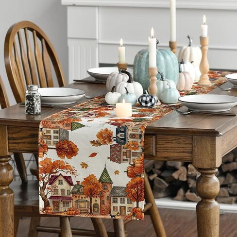 Artoid Mode 210 GSM Fall Table Runner 13x72 بوصة ديكور حفلات المنزل | شجرة بيت اليقطين، ديكور طاولة طعام المطبخ الموسمي in Kuwait