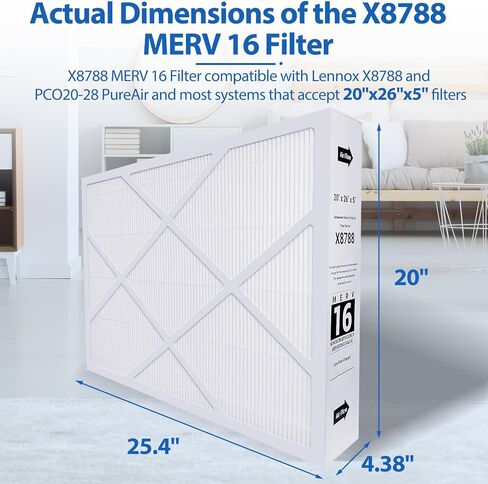 قطعتان فلتر بديل X8788 MERV 16 مقاس 20 × 26 × 5 بوصة متوافق مع Lennox MERV16 وPCO20-28، فلتر فرن تنظيف الكربون 16، X8788 merv 16، أبيض in Kuwait
