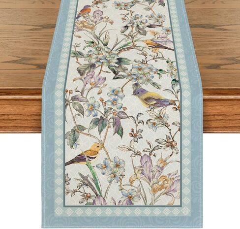 Blue Birds Flowers Blossom Table Runner, Seasonal Spring Floral Kitchen Dining Table Decoration for Home Party Decor 13x72 Inch in Kuwait