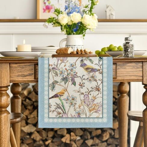 Blue Birds Flowers Blossom Table Runner, Seasonal Spring Floral Kitchen Dining Table Decoration for Home Party Decor 13x72 Inch in Kuwait