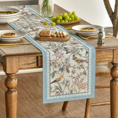Blue Birds Flowers Blossom Table Runner, Seasonal Spring Floral Kitchen Dining Table Decoration for Home Party Decor 13x72 Inch in Kuwait
