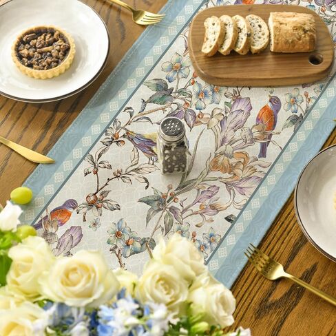 Blue Birds Flowers Blossom Table Runner, Seasonal Spring Floral Kitchen Dining Table Decoration for Home Party Decor 13x72 Inch in Kuwait