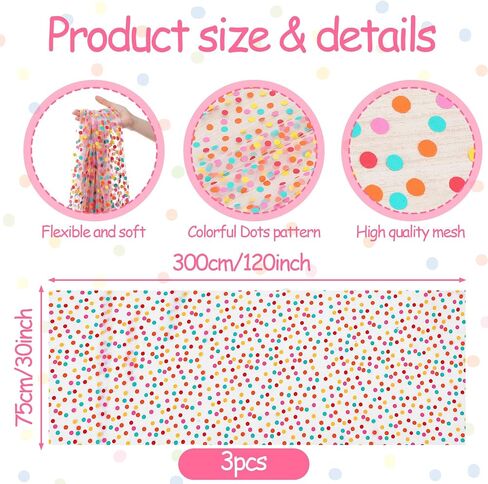 3 Pcs Colorful Polka Dot Table Runner 30 x 120 Inch, Polka Dot Table Runner for Kids Party, Sheer Tulle Table Decor for Birthday Wedding Baby Shower Holiday Home Kitchen Dining Room Celebration in Kuwait