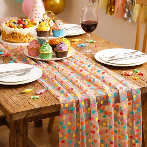 3 Pcs Colorful Polka Dot Table Runner 30 x 120 Inch, Polka Dot Table Runner for Kids Party, Sheer Tulle Table Decor for Birthday Wedding Baby Shower Holiday Home Kitchen Dining Room Celebration in Kuwait