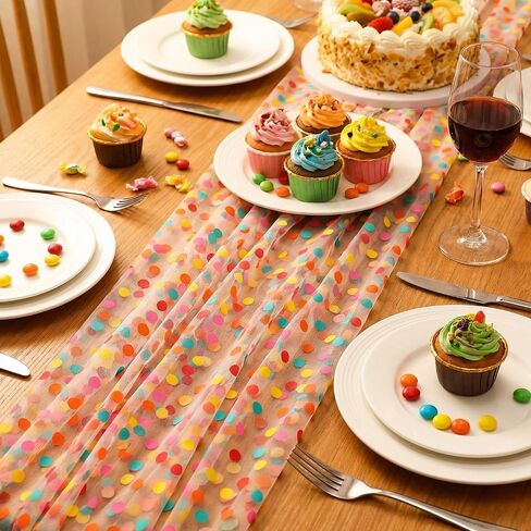 3 Pcs Colorful Polka Dot Table Runner 30 x 120 Inch, Polka Dot Table Runner for Kids Party, Sheer Tulle Table Decor for Birthday Wedding Baby Shower Holiday Home Kitchen Dining Room Celebration in Kuwait