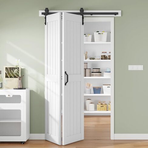 Finosen Bifold Barn Door 48 x 84 in (Double 24 بوصة)، أبواب خزانة منزلقة ثنائية الطي مع مجموعة مسارات الأجهزة متضمنة، سكة 4.3 قدم لبابين، لوحة خشب MDF، سطح PVC، توفير المساحة، تجميع DIY، أبيض in Kuwait