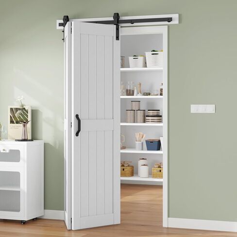 Finosen Bifold Barn Door 48 x 84 in (Double 24 بوصة)، أبواب خزانة منزلقة ثنائية الطي مع مجموعة مسارات الأجهزة متضمنة، سكة 4.3 قدم لبابين، لوحة خشب MDF، سطح PVC، توفير المساحة، تجميع DIY، أبيض in Kuwait