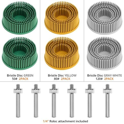 QWORK 2 Inch Bristle Disc Set 6 Pack – 1/4" Shank Abrasive Coating Removal Tool 50/80/120 Grit for Metal Deburring, Blending & Polishing – Surface Prep Grinding Wheels for Drill, Die Grinder in Kuwait