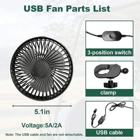 Golf Cart Fans Universal Golf Cart USB Fan Portable Quick-Mount Clip Fan for EZGO, Club Car, and Yamaha 3 Speeds 360° Rotation High Airflow Low Noise; Ideal for RVs, Camping, Outdoor Use, and Home in Kuwait