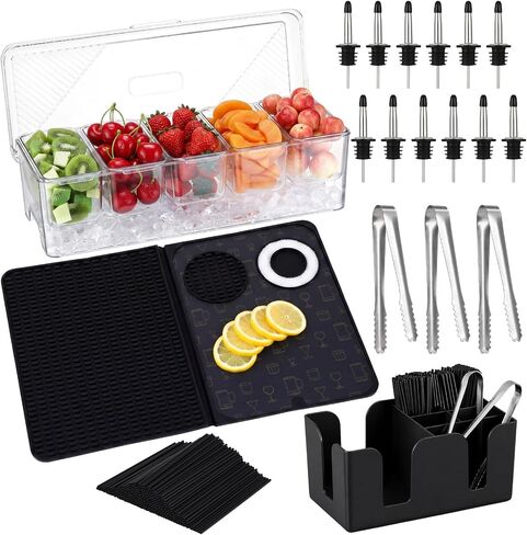 Didaey Bartender Kits Bar Accessories 18 "x 12" شريط حصيرة مقبلات مع غطاء تخزين العلبة 12 الفولاذ المقاوم للصدأ زجاجة صب 3 ملقط تقديم 500 كوكتيل القش المنزل القضبان الأساسية للنادل in Kuwait
