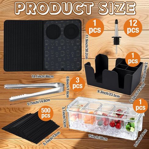 Didaey Bartender Kits Bar Accessories 18 "x 12" شريط حصيرة مقبلات مع غطاء تخزين العلبة 12 الفولاذ المقاوم للصدأ زجاجة صب 3 ملقط تقديم 500 كوكتيل القش المنزل القضبان الأساسية للنادل in Kuwait