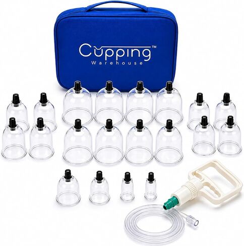 Cupping Warehouse 20-Cup Polycarbonate Cupping Set — Professional Vacuum Cupping Therapy Kit with Silicone Valves, Pump Gun, Flexible Hose & Travel Bag for Massage, Myofascial Release & Recovery in Kuwait