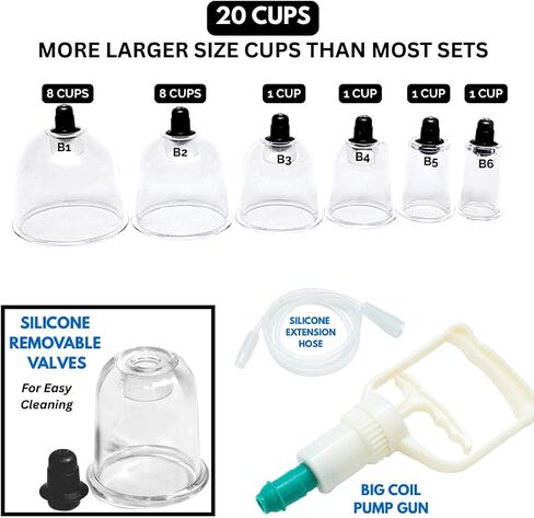 Cupping Warehouse 20-Cup Polycarbonate Cupping Set — Professional Vacuum Cupping Therapy Kit with Silicone Valves, Pump Gun, Flexible Hose & Travel Bag for Massage, Myofascial Release & Recovery in Kuwait