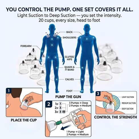 Cupping Warehouse 20-Cup Polycarbonate Cupping Set — Professional Vacuum Cupping Therapy Kit with Silicone Valves, Pump Gun, Flexible Hose & Travel Bag for Massage, Myofascial Release & Recovery in Kuwait