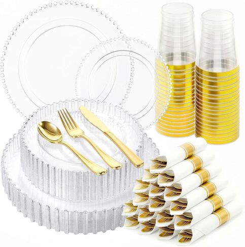 175pcs Plastic Dinnerware Set Ivory 25 Guests for Wedding | Fancy Beaded Plastic Plates Include 50 Elegant Plastic Plates,25 Cups and 25 Pre Rolled Napkins with Cutlery Set in Kuwait