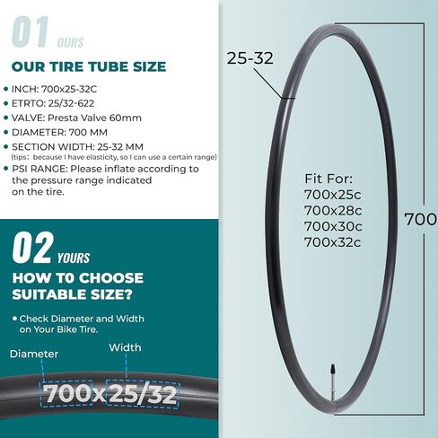 2 PCS Premium 700x25C/28C/30C/32C Bike Tubes, Compatible for 700x25C to 700x32C Bike Tire, with FV60mm Presta Valve, Butyl Rubber, Used for Mountain, Cruiser, City and Road Bikes in Kuwait
