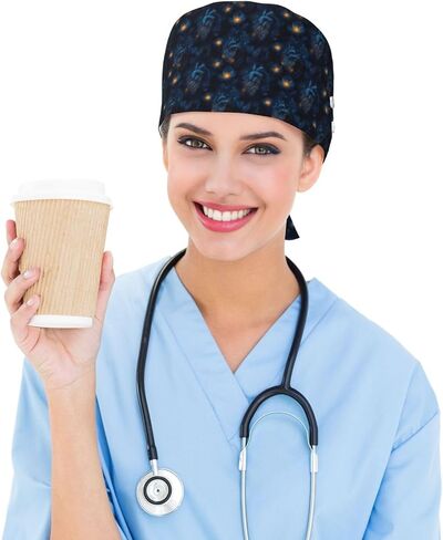 قبعات فرك مطبوعة على شكل قلب أزرق داكن للنساء والرجال، قبعة ممرضة قابلة للتعديل، قبعات جراحية قبعات فرك للنساء والرجال، قبعة عمل مع أزرار لتعليق أقنعة الوجه in Kuwait