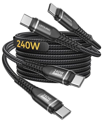 كابل USB C بطول 10 أقدام 2 حزمة، كابل USB C إلى USB C بقوة 240 وات شحن سريع لشاحن الهاتف الطويل سلك شاحن من النوع C لهاتف iPhone 17 Pro Max و16 15 وiPad Pro/Air وApple MacBook وأجهزة الكمبيوتر المحمولة - أسود in Kuwait