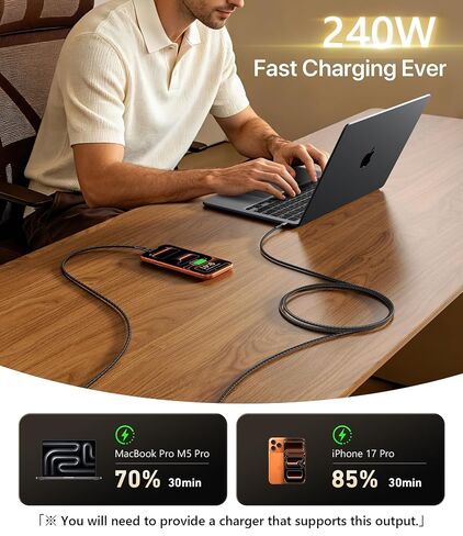 كابل USB C بطول 10 أقدام 2 حزمة، كابل USB C إلى USB C بقوة 240 وات شحن سريع لشاحن الهاتف الطويل سلك شاحن من النوع C لهاتف iPhone 17 Pro Max و16 15 وiPad Pro/Air وApple MacBook وأجهزة الكمبيوتر المحمولة - أسود in Kuwait