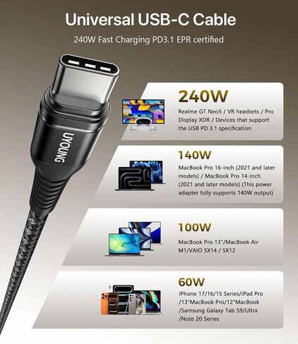 كابل USB C بطول 10 أقدام 2 حزمة، كابل USB C إلى USB C بقوة 240 وات شحن سريع لشاحن الهاتف الطويل سلك شاحن من النوع C لهاتف iPhone 17 Pro Max و16 15 وiPad Pro/Air وApple MacBook وأجهزة الكمبيوتر المحمولة - أسود in Kuwait