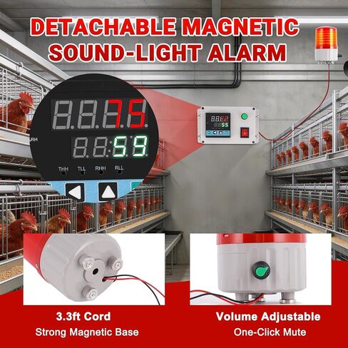 JIAWANSHUN Industrial Temperature Humidity Alarm, -40-185°F 0-100%RH Digital Thermometer Hygrometer, Independent Alarm Sound Light Alert Calibration for Greenhouse, Pet House, Chicken 110V in Kuwait