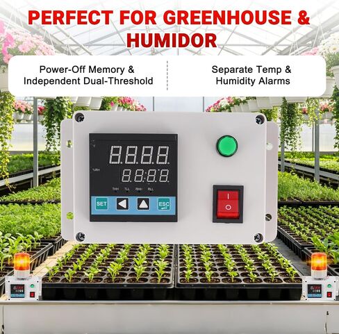 JIAWANSHUN Industrial Temperature Humidity Alarm, -40-185°F 0-100%RH Digital Thermometer Hygrometer, Independent Alarm Sound Light Alert Calibration for Greenhouse, Pet House, Chicken 110V in Kuwait