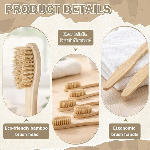 Hushee 30 Pack Boar Bristle Toothbrush Natural Bristles with Bamboo Handle Natural Biodegradable Compostable Bamboo Tooth Brushes, Plastic & Nylon Free in Kuwait