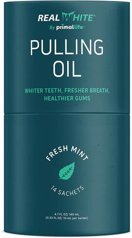 Primal Life Organics - زيت سحب أبيض حقيقي، غسول فم لتبييض الأسنان بالزيوت العطرية، جوز الهند، شجرة الشاي، فيتامينات أساسية، خالي من المواد الكيميائية، خالي من الفلورايد، 14 كيسًا (نعناع طازج، 0.33 أونصة) in Kuwait
