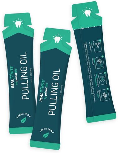 Primal Life Organics - زيت سحب أبيض حقيقي، غسول فم لتبييض الأسنان بالزيوت العطرية، جوز الهند، شجرة الشاي، فيتامينات أساسية، خالي من المواد الكيميائية، خالي من الفلورايد، 14 كيسًا (نعناع طازج، 0.33 أونصة) in Kuwait