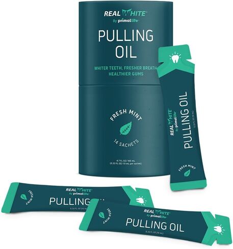 Primal Life Organics - زيت سحب أبيض حقيقي، غسول فم لتبييض الأسنان بالزيوت العطرية، جوز الهند، شجرة الشاي، فيتامينات أساسية، خالي من المواد الكيميائية، خالي من الفلورايد، 14 كيسًا (نعناع طازج، 0.33 أونصة) in Kuwait