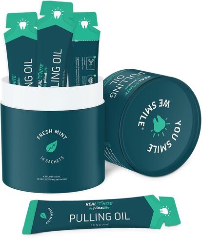 Primal Life Organics - زيت سحب أبيض حقيقي، غسول فم لتبييض الأسنان بالزيوت العطرية، جوز الهند، شجرة الشاي، فيتامينات أساسية، خالي من المواد الكيميائية، خالي من الفلورايد، 14 كيسًا (نعناع طازج، 0.33 أونصة) in Kuwait