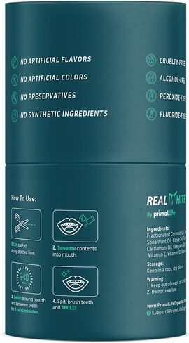 Primal Life Organics - زيت سحب أبيض حقيقي، غسول فم لتبييض الأسنان بالزيوت العطرية، جوز الهند، شجرة الشاي، فيتامينات أساسية، خالي من المواد الكيميائية، خالي من الفلورايد، 14 كيسًا (نعناع طازج، 0.33 أونصة) in Kuwait