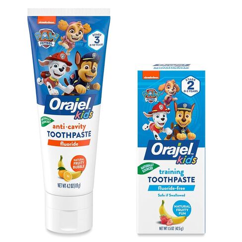 معجون أسنان Orajel Kids Paw Patrol للتدريب الخالي من الفلورايد، معجون أسنان خالي من الفلورايد، أنبوب 1.5 أونصة مع معجون أسنان Orajel Kids Paw Patrol المضاد للتجويف بالفلورايد، نكهة فقاعات الفواكه الطبيعية، أنبوب 4.2 أونصة in Kuwait