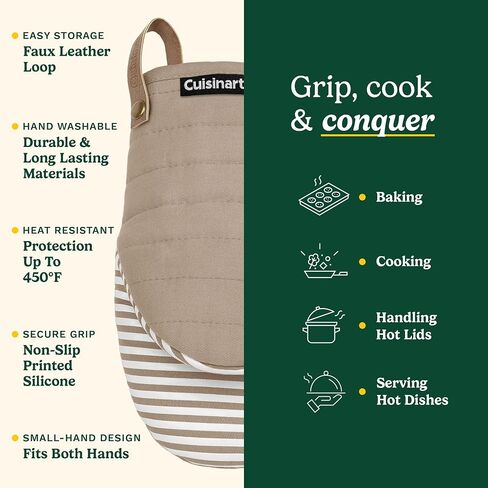 Cuisinart Mini Oven Mitts – 5.5" x 8" Heat-Resistant Kitchen Mitts for Oven with Non-Slip Printed Silicone, Cotton Filling, and Faux Leather Loop – Durable Oven Mitt Set for Cooking & Baking in Kuwait