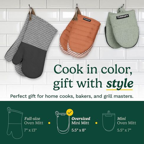 Cuisinart Mini Oven Mitts – 5.5" x 8" Heat-Resistant Kitchen Mitts for Oven with Non-Slip Printed Silicone, Cotton Filling, and Faux Leather Loop – Durable Oven Mitt Set for Cooking & Baking in Kuwait