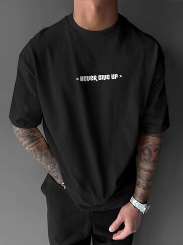Men's Oversized Eagle Graphic T-Shirt - Legend & Never Give Up Print, 100% Polyester Casual Short Sleeve Tee in Kuwait